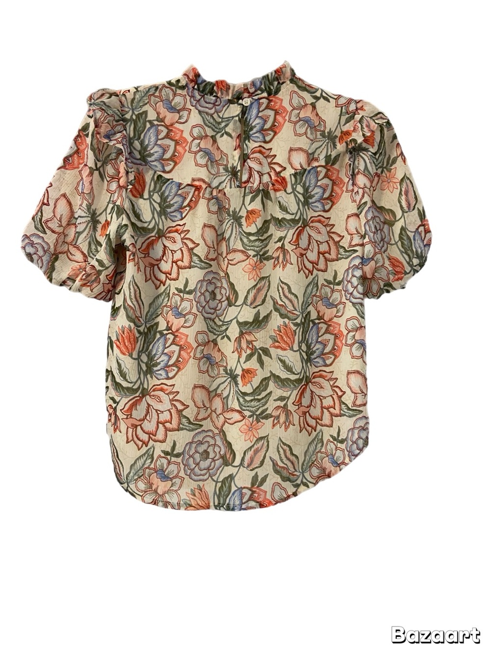 LOFT Floral Puff Short Sleeve Blouse Ruffle Mock Neck Keyhole Back